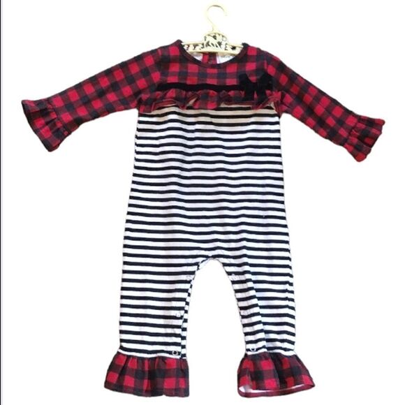 Rare Editions 18M Toddler's Snap Button Striped Plaid Red Christmas Romper - Picture 1 of 12